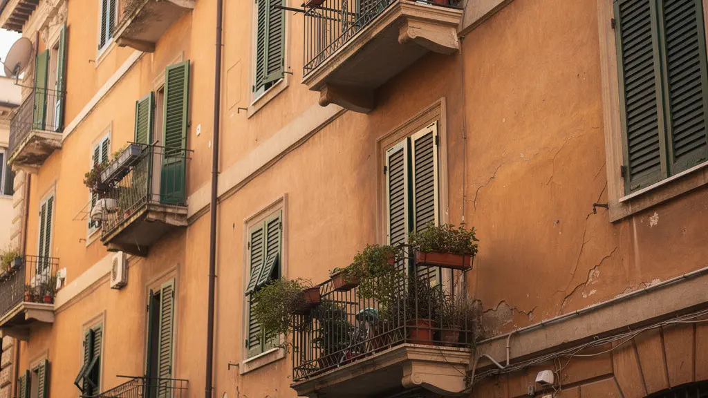 Facciata di condominio romano tipico con balconi e persiane, architettura residenziale Roma