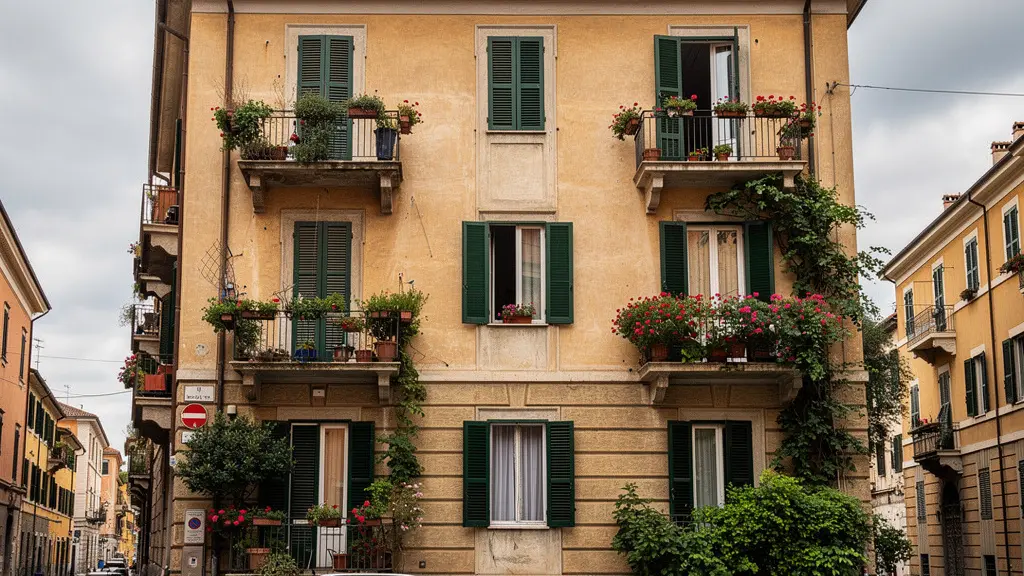 Edificio residenziale in quartiere romano con balconi fioriti, prezzi appartamenti Roma