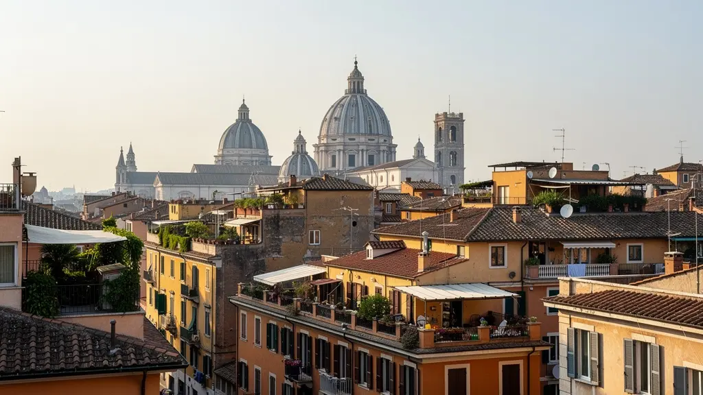 Veduta panoramica di Roma con palazzi residenziali e cupole, mercato immobiliare romano